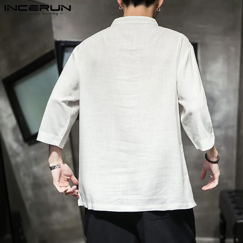 INCERUN Cotton Linen Casual Shirts Men Vintage 3/4 Sleeve Solid Chinese Traditional Tops Stand Collar Shirts Men Tang Suit
