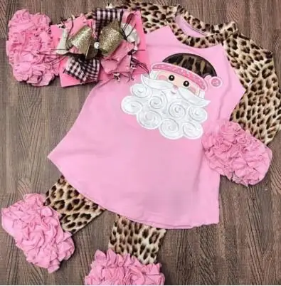 

baby girls fall clothing set Pink color cotton Embroidered Santa outfits leopard long pants costume shipping free