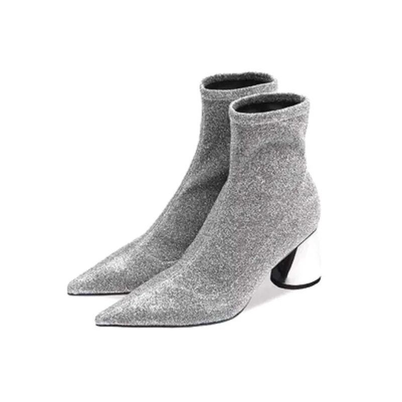 

Sequins pointed boots boots women's 2019 autumn and winter new silver thick with short boots women's high-heeled Martin boots