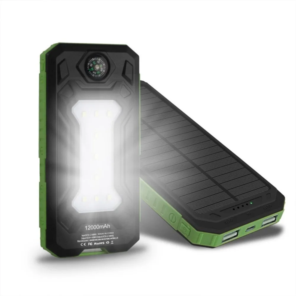 12000 мАч Солнечное зарядное устройство портативный солнечный внешний аккумулятор батареи на открытом воздухе аварийный внешний аккумулятор для мобильного телефона с светодиодный светильник - Цвет: Green