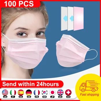 

100PCS Disposable Face Mask Black Pink Anti Dust Non Woven 3 Layer Filter Mask Earloop Mouth Disposable Mask For kids Adult