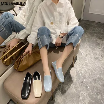 

MIULAMIULA Brand Designer 2020 Korean New Fashion Luxury Square Toe Soft Bottom Leather Flats Shoes Women Slip On Loafers Casual