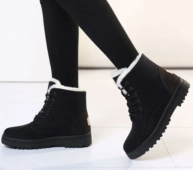Snow boots warm fur plush Insole women winter boots square heels flock ankle boots women shoes lace-up winter shoes woman