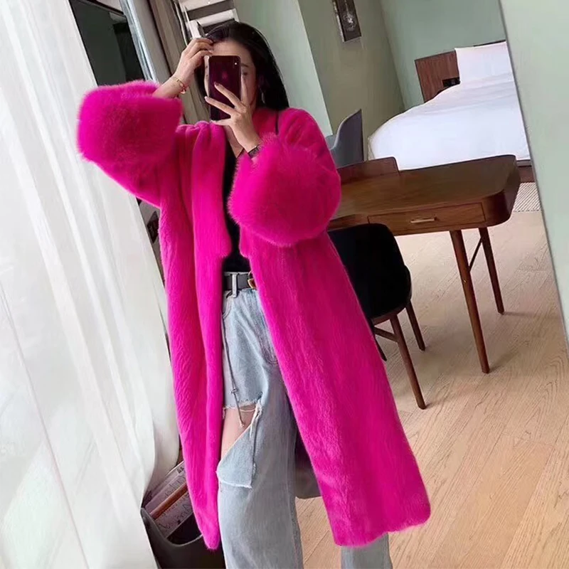 Fang Tai Fur2019 зимние Бархатные норковые меховые пальто для женщин чистого цвета с v-образным вырезом натурального тонкого норкового пальто женские длинные пальто из натурального меха
