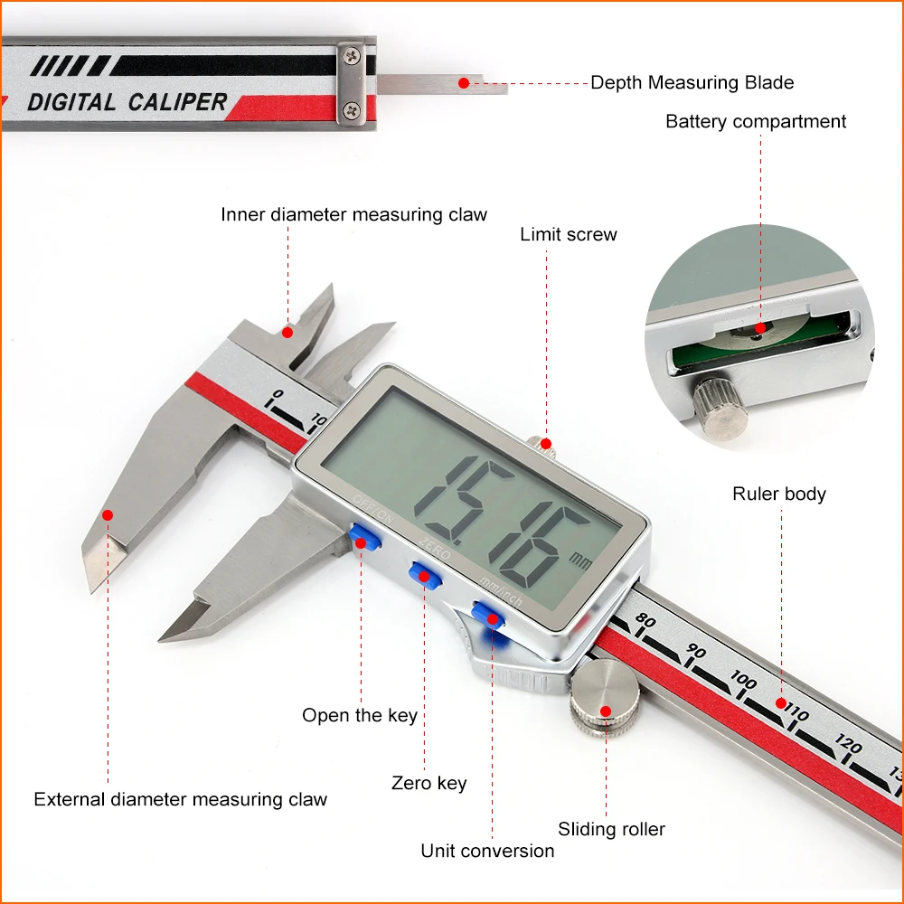 US $23.27 RZ Vernier Caliper Digital Vernier Caliper Stainless Steel Electronic Handheld Vernier Caliper Measuring Tools Professional