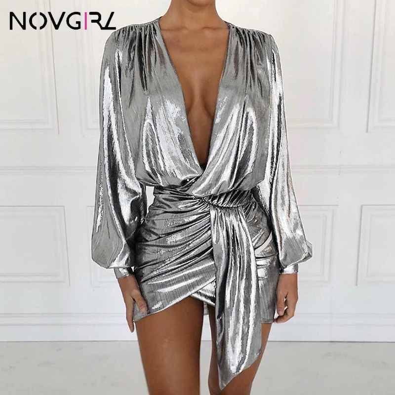 Novgirl, сексуальное облегающее платье с глубоким v-образным вырезом и поясом для женщин,, Золотое бронзовое платье с запахом, платье с рюшами, Клубные вечерние платья, шикарные платья