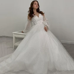 Eightree Sexy Wedding Dresses Puff Sleeve Tulle Princess Bride Dress 2022 Applique A-Line V-Neck Wedding Evening Gowns Plus Size