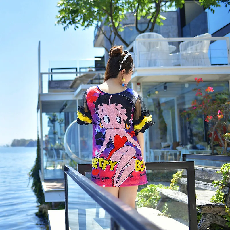 

New Style Large Size Fat Mm Two-piece Swimsuits Three-piece Set Skirt Sun Blocking Cover-up Cartoon 220 Bikini Underwire Women's