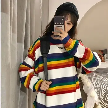 

ZCWXM Rainbow Striped Loose Pullovers 2020 Autumn Korean Sweet Women Sweaters Winter Clothes All Match Sueter Mujer