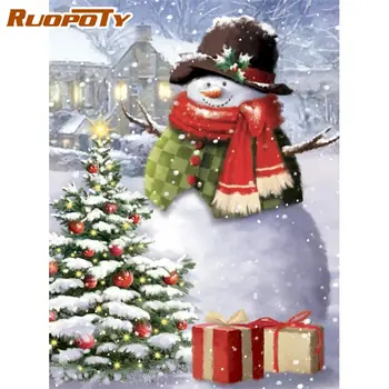 

RUOPOTY Painting By Numbers Kits For Adults Hand Painted Christmas Snowman And Tree Landscape Picture By Number Unique Gift