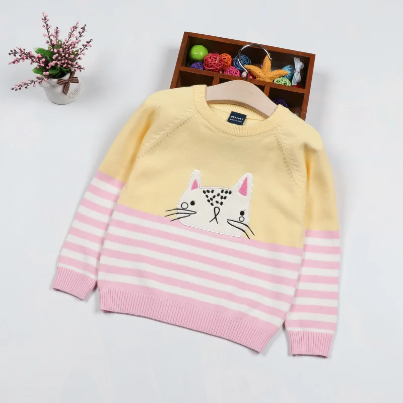 Свитер для мальчиков, пуловер стиль г. Осень-зима, корейский стиль, западный стиль, детская полосатая трикотажная кофта с низкой талией и рисунком кота, Sw