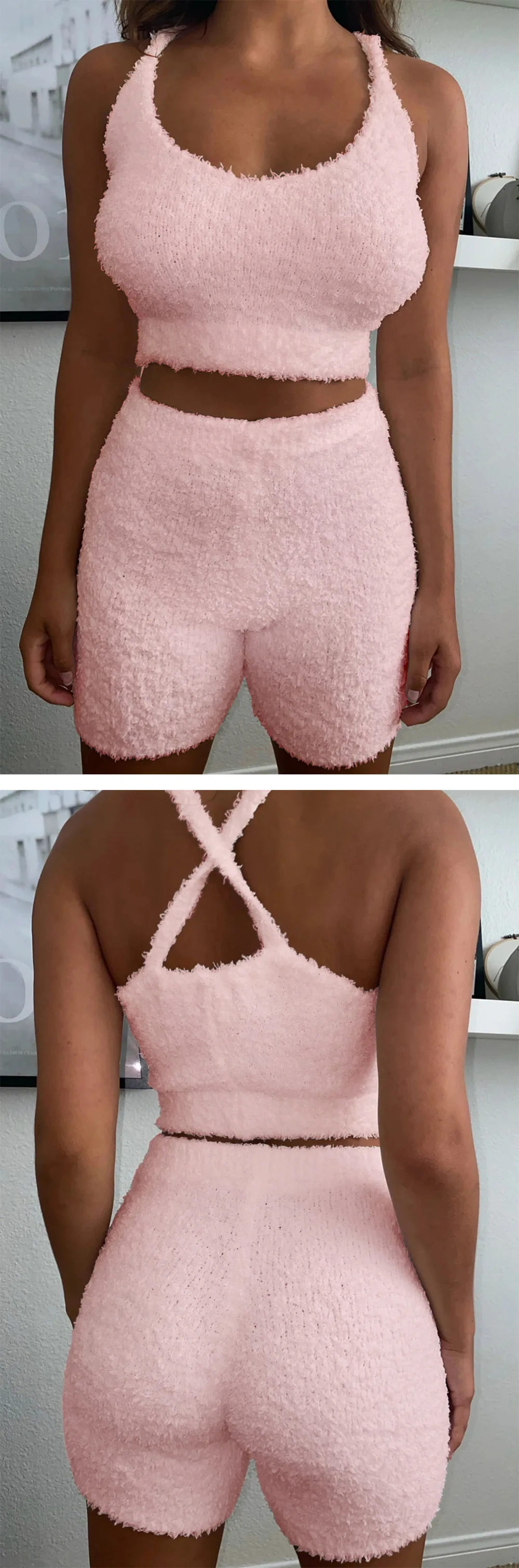 2PCS/Sets Sexy Fluffy Suits Velvet Plush Hooded Sleepwear Shorts+Crop Top Women Tracksuit Casual Sports Set Overalls Sweatshirts