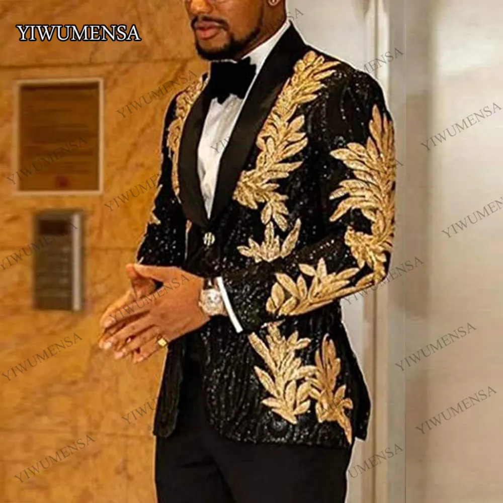 Formal Wedding Suits For Men Marriage Groomsmen Blazer Shinny Black Sequins Gold Appliques Jacket+Pants 2 Pieces Prom Tuxedos