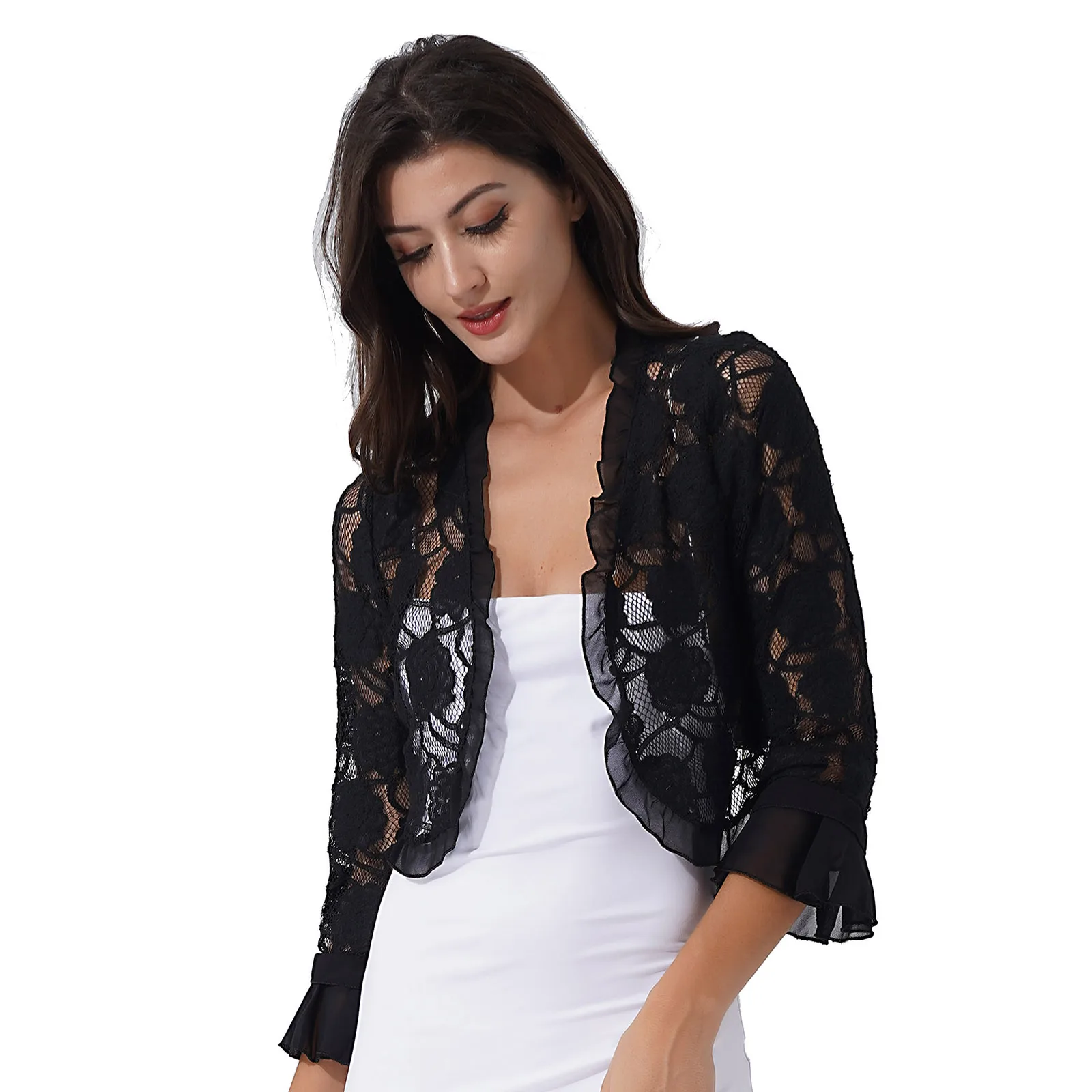 Irevial Cardigan Chiffon Donna A Maniche 3/4 Aperto Davanti Bolero - 13