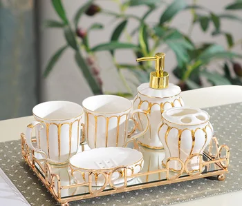 

Luxury Modern Ceramic Wash Bathroom Set Lotion Bottle Toothbrush Holder Soap Box Home Decor Five-piece Bathroom Supplies LF915