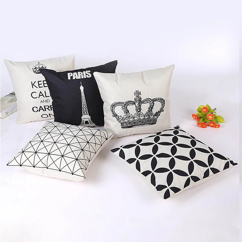 

Pillow case 45 * 45CM black and white simple wind crown iron tower geometric linen pillowcase home hotel decorative pillowcase