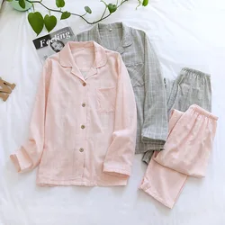 New Japanese Four Seasons Couples Long-sleeved Cotton Home Service Suits Men's Large Size Simple Grid Children Spring and Autumn