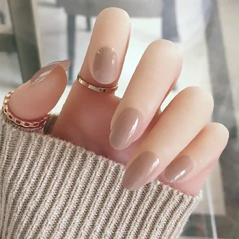 

24pcs/box with 2g glue Girls Nude Color fake Nails press on Wearable Medium Length Round Head Full Cover False Nails Tips girls