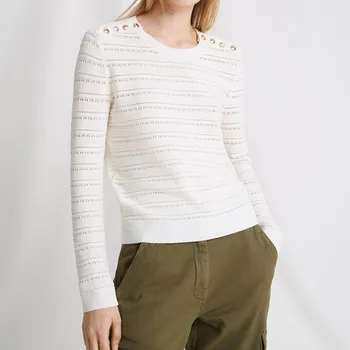 

Hollow out Shoulder Buttons Women Sweater Knitted O-neck Casual Tops Wild Knitwear Pull