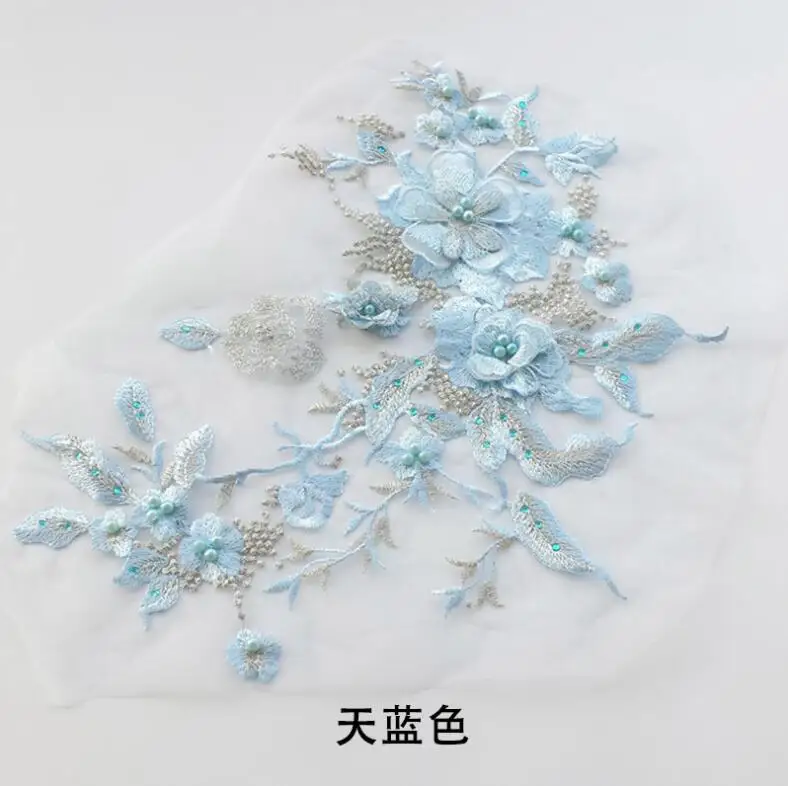 sky blue 1 шт. 33*28 см вышивка 3D Кружевная аппликация цветок розовый бисер кружевной воротник декольте для швейных принадлежностей Ремесло Декор для одежды - Цвет: sky blue