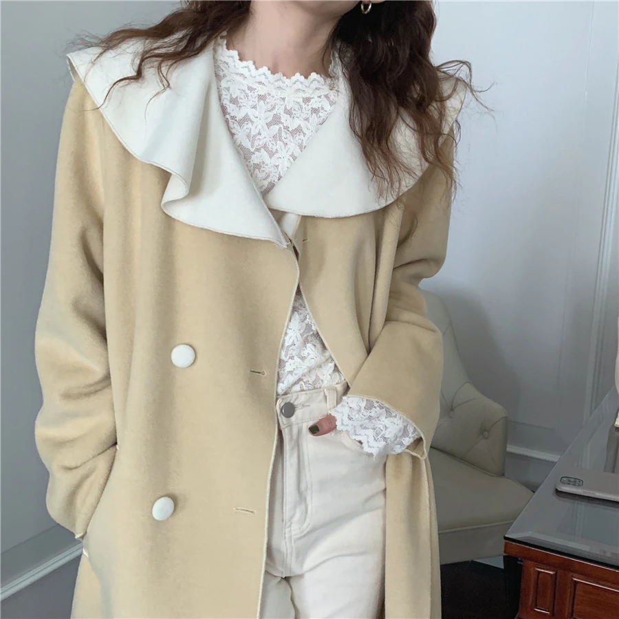 women's puffer jacket Long Coat Fashion Korean Style Windbreaker Warm Double-sided Woolen Coat Ruffled Large Lapel Lace-up Women Overcoat lightweight puffer jacket