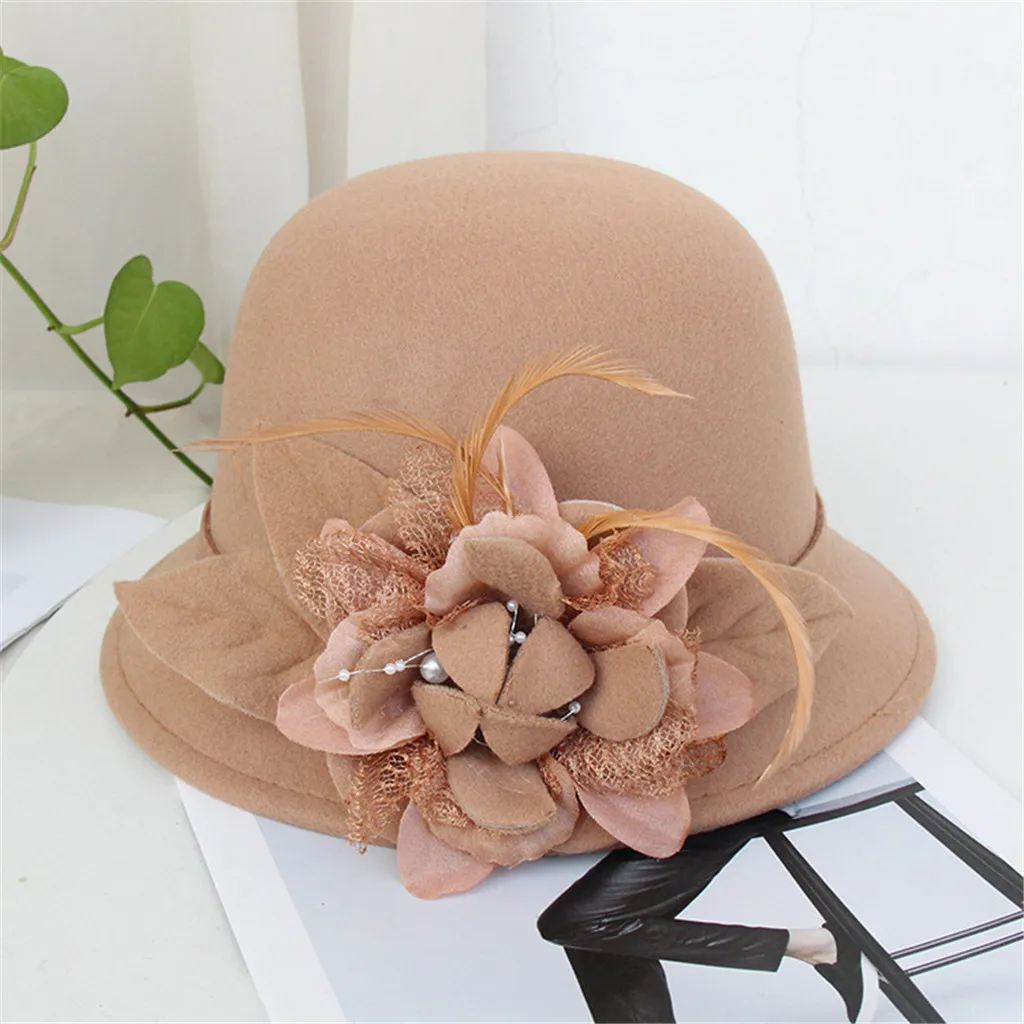 Модная дамская Милая элегантная шляпа Цветочная винтажная Классическая британская ретро шляпа-котелок Формальные шляпы-федоры для посещения церкви женская шапка# D - Цвет: Khaki