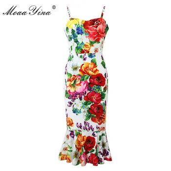 

MoaaYina Fashion Designer Dress Summer Women Spaghetti strap Floral Print Package buttocks Mermaid Dress