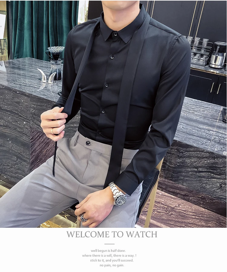 Повседневная рубашка с галстуком, мужская рубашка camisa masculina, с длинным рукавом, корейское платье, приталенный смокинг, рубашки, модные мужские Клубные вечерние рубашки