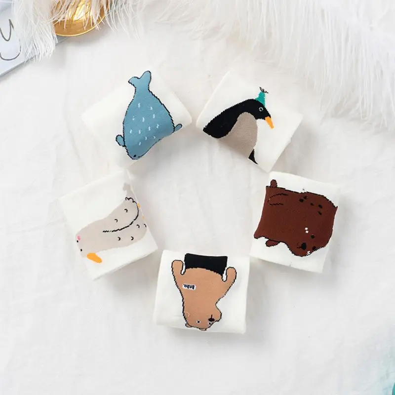 5 пар, Короткие хлопковые носки для мужчин и женщин, носки до щиколотки с рисунком Кита, пингвина, медведя, 95AB