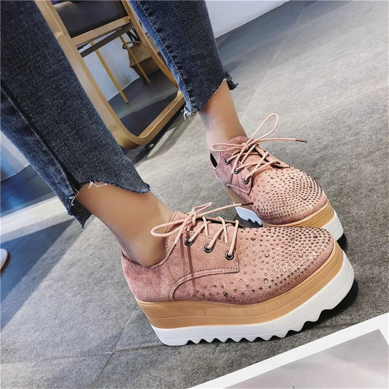 

Dropshipping Spring Women Shoes Flat Platforms Rhinestone Lace-Up Wedges Sneakers Ladies Oxfords Woman Flats Casual XYZ269
