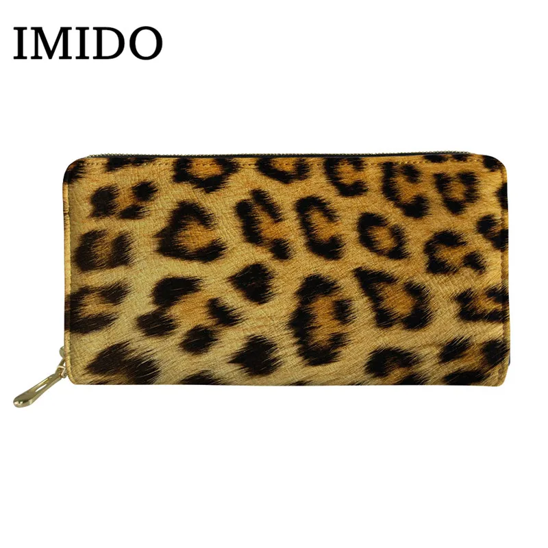 

IMIDO Wild animal leopard leather patterning Women Phone Bag Long Wallet Portefeuille Femme Design Purse functional travel 2019