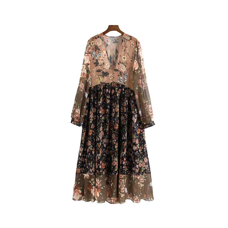 TRAF женское винтажное элегантное шифоновое платье миди с цветочным принтом, v-образный вырез, длинный рукав, прозрачные шикарные женские платья, vestidos mujer