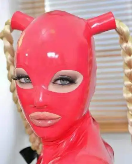 Handmade-Sexy-Red-Latex-Hoods-Rubber-Mask-with-Double-Long-Braids-Open-Eyes-Mouth-Back-Zipper