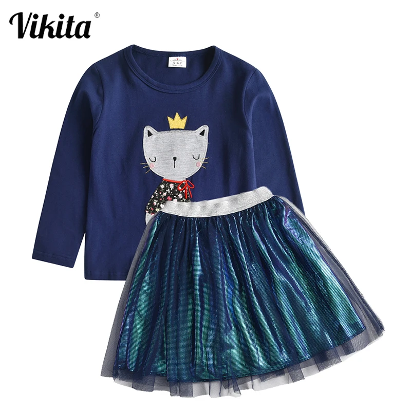 

VIKITA Girls Clothing Sets Autumn Spring Girl Cat Appliqued Tops + Shiny Sequins Skirts 2pcs Sets Children Princess Clothing