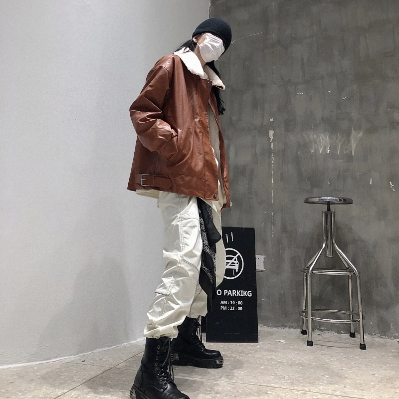 Faux Wool Collar Overcoat PU Leather Jacket Harajuku Outerwear Oversize Female Motorcycle Bomber Leather Streetwear Jacket