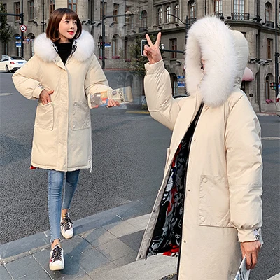 beige Одежда с обеих сторон, парка, пальто для женщин, зимнее, утолщенное, с мехом, с капюшоном, длинное, хлопковое, пальто для женщин, Vogue, теплая парка, куртки, корейский размера плюс - Цвет: beige