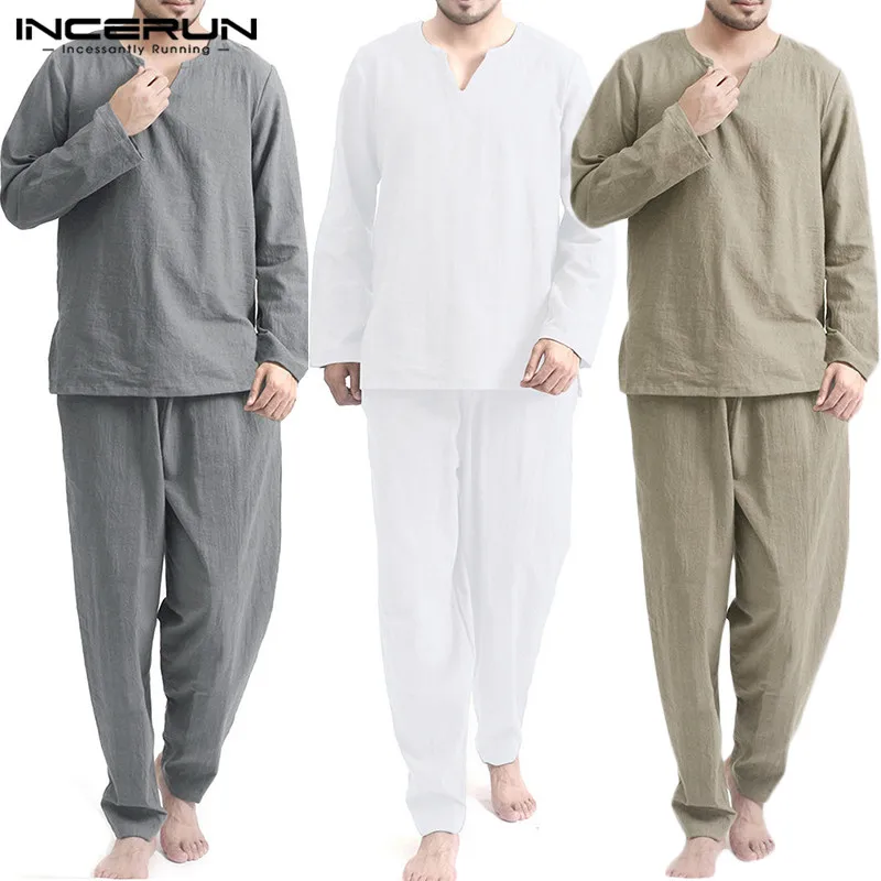 Men Suit Homewear INCERUN Vintage Chinese-Style 2-Pieces Casual Pants Cotton V-Neck Sets