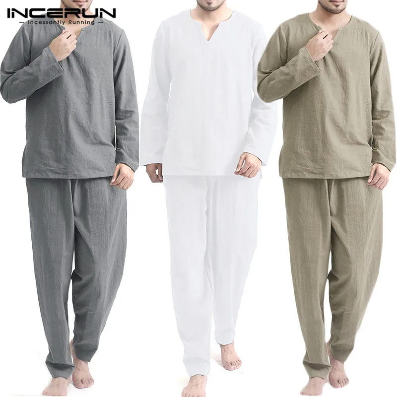 INCERUN Vintage Men Sets Homewear V Neck Long Sleeve Tops & Pants Streetwear Chinese Style Cotton Loose Men Suit Casual 2 Pieces