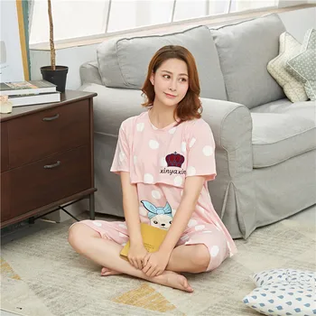 

Pajamas cute cartoon thin pregnant women simple nursing cotton confinement clothing summer O-neck short-sleeved pajamas