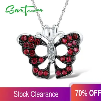 

SANTUZZA Silver Pendant for Women Pure 925 Sterling Silver Engagement Charming Red Butterfly Pendant Trendy Party Fine Jewelry