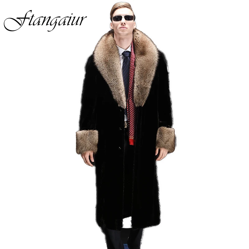 Ftangaiur Winter Jacket USA Import Velvet Mink Coat Turn-Down Collar Coats Soft Men's X-Long Smart Natural Real | Мужская одежда
