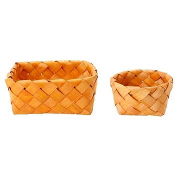 

2 Pcs Hand Knit Rectangular Fruit Basket Bread Basket Wood Basket Picnic Storage Basket, 22.4X17X10.5Cm & 17X7.5Cm