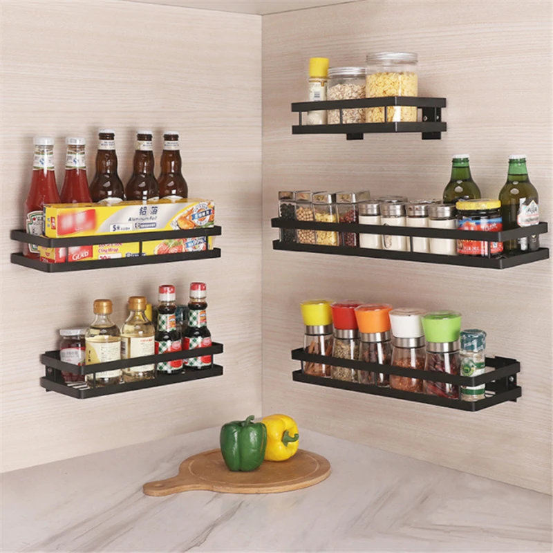 

Black Spices Rack Seasoning Rack Free Punching Home Closet Organizer Storage Shelf Cabinet Shelves Holder Kitchen Accessories