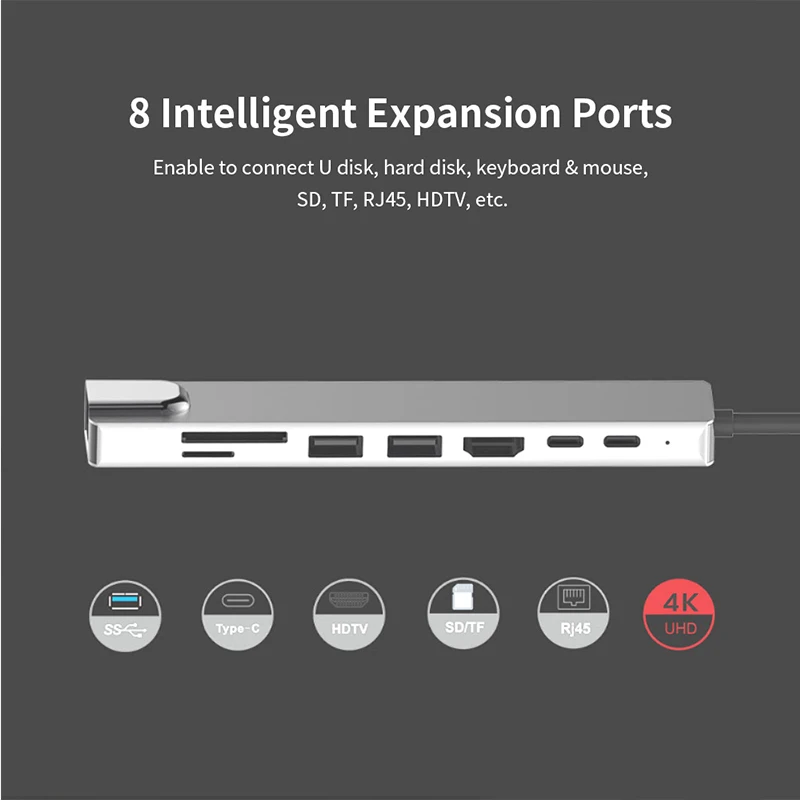 8 в 1 USB концентратор тип-c до 4K HDMI USB 3,0 Rj45 TF& SD с зарядка PD многофункциональная док-станция для Macbook