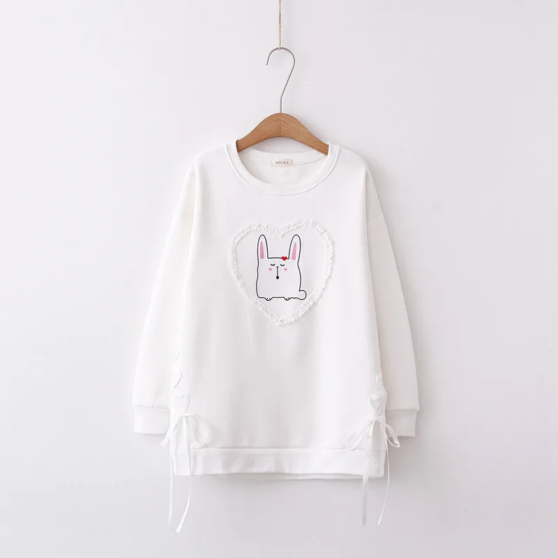 Осень Корея Kawaii хлопок флис o-образным вырезом для женщин подростков девушка Harajuku розовый кролик мультфильм печатных полный рукав пуловер с лентой