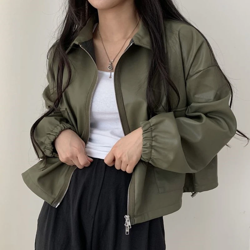 

Streetwear Women PU Leather Jackets Autumn Winter Fashion Loose Zippers Long Sleeve Female Faux Coats Leather