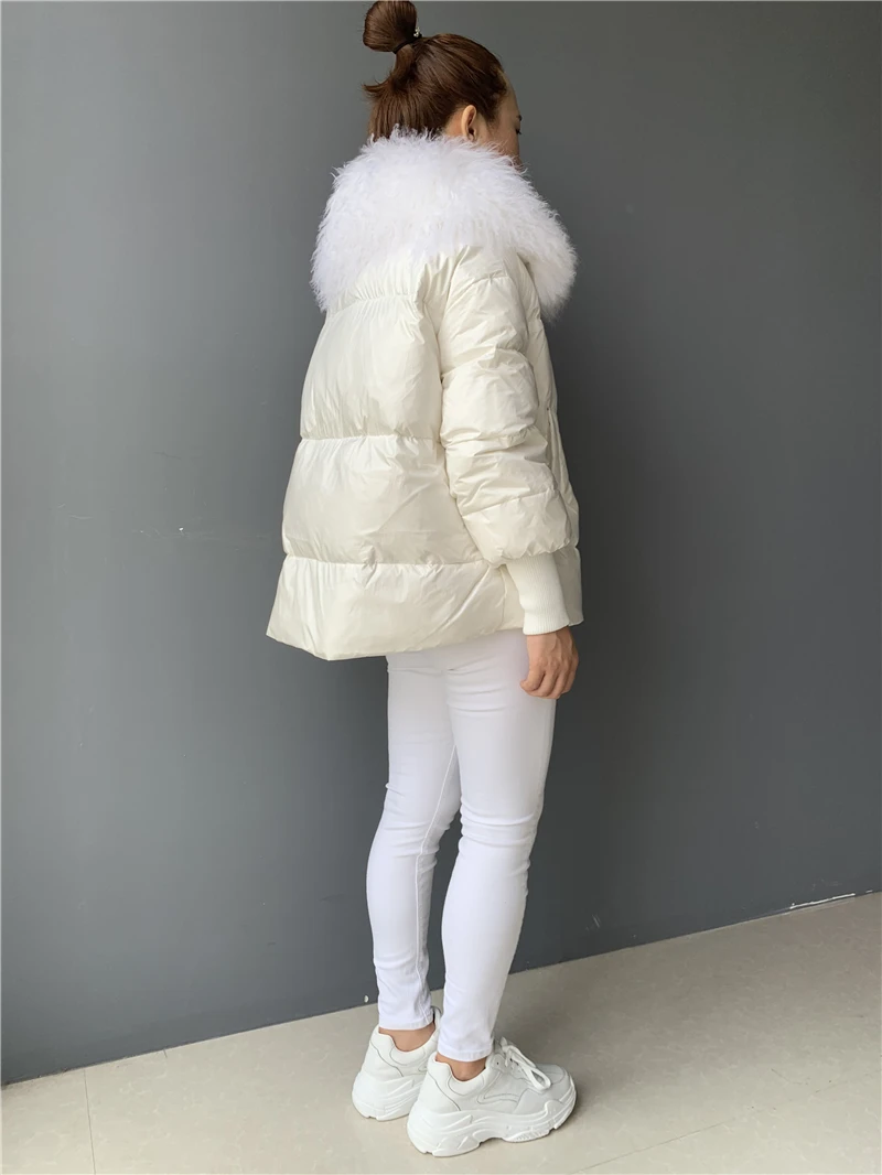 Белая короткая куртка на утином пуху, женское плотное зимнее пальто, Воротник из натурального меха ягненка, корейский женский пуховик