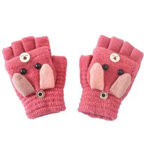 Трендовые зимние милые мягкие тёплые перчатки с героями мультфильмов для детей, для мальчиков и девочек, с рисунком собачки из мультфильма, вязаные перчатки на полпальца, варежки, рождественский подарок - Цвет: Розово-красный