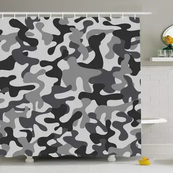 

Shower Curtain Set with Hooks 60x72 Design Black Camouflage Pattern Textile Soldier Print Combat Abstract Colors Navy Textures