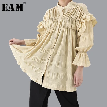 

[EAM] Women Pleated Ruffles Split Joint Temperament Dress New Stand CollarLong Sleeve Loose Fit Fashion Spring Autumn 2020 1T801